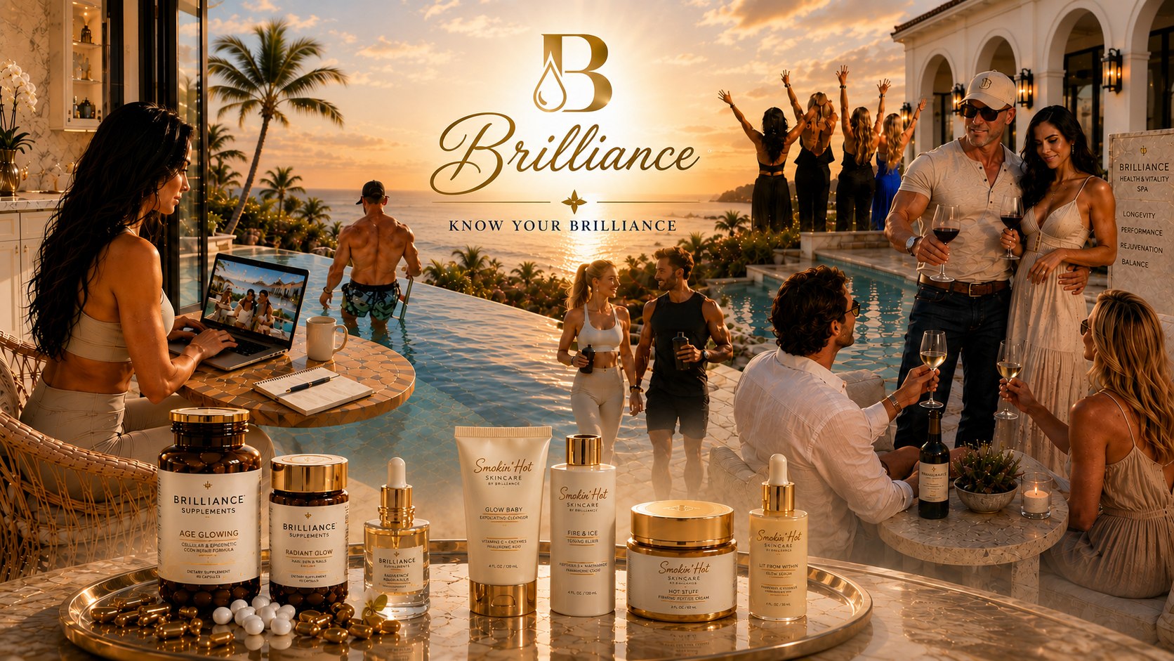 Brilliance — Know Your Brilliance. Supplements and Smokin' Hot Skin Care, with people living well by the water at sunset.